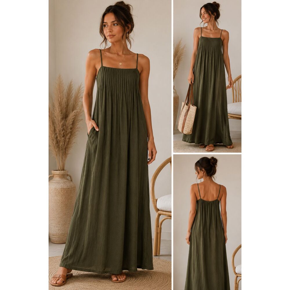 Wenrine Large Army Green Smocked Pleated Maxi Dress Adjustable Straps Pockets NW
